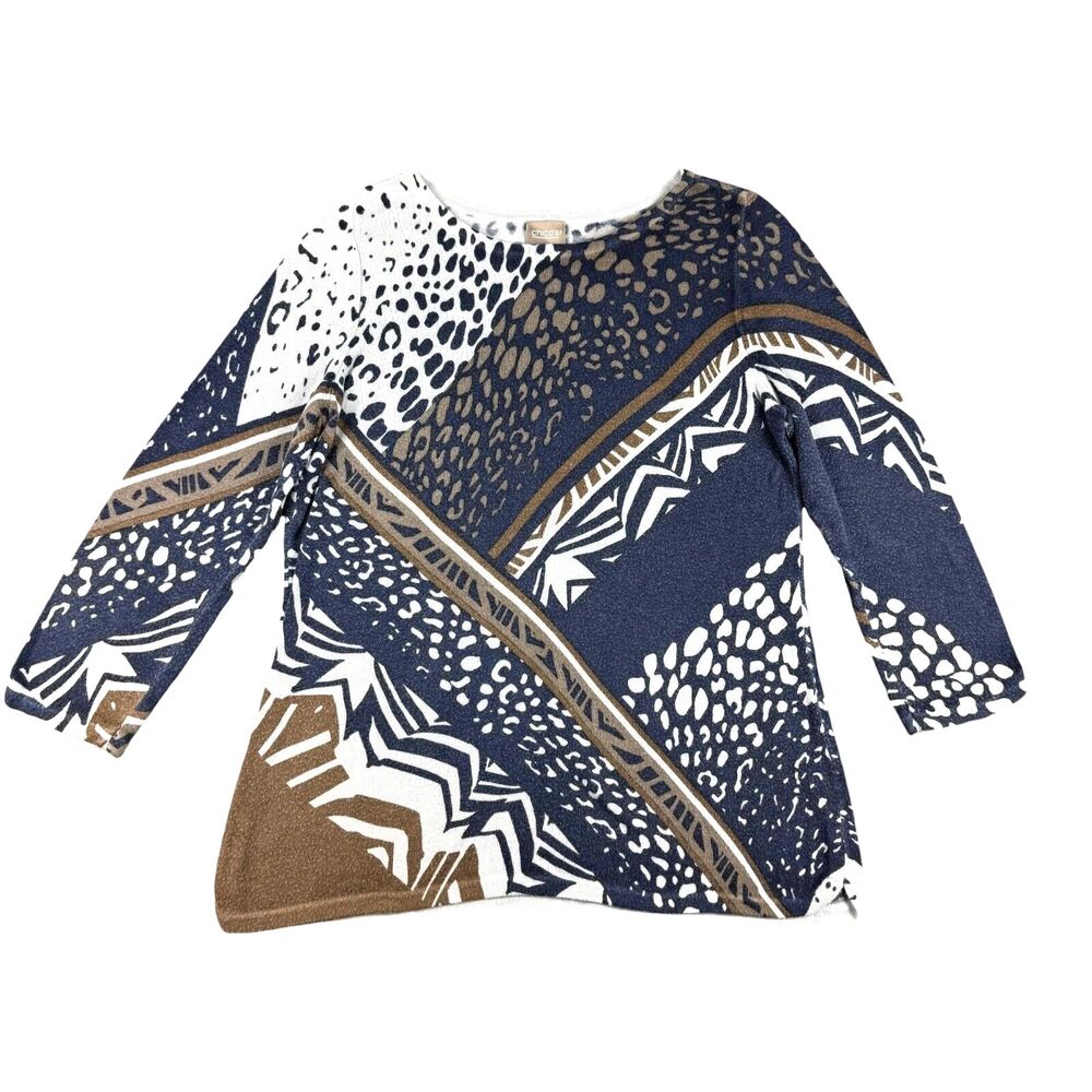 Chico's Blouse Womens 1 Medium Blue Cashmere Geometric Tribal Long Sleeve Casual